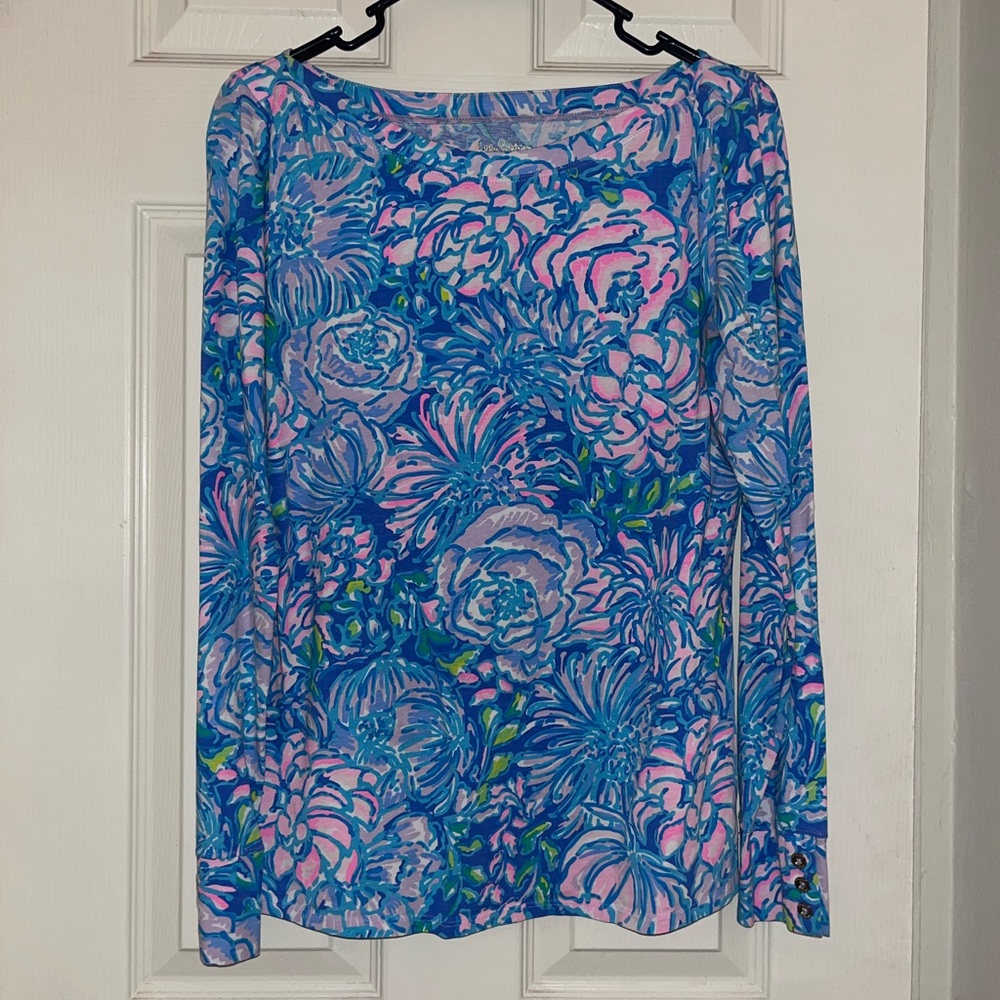 Lilly Pulitzer Blue Pink Floral Long Sleeve Tee